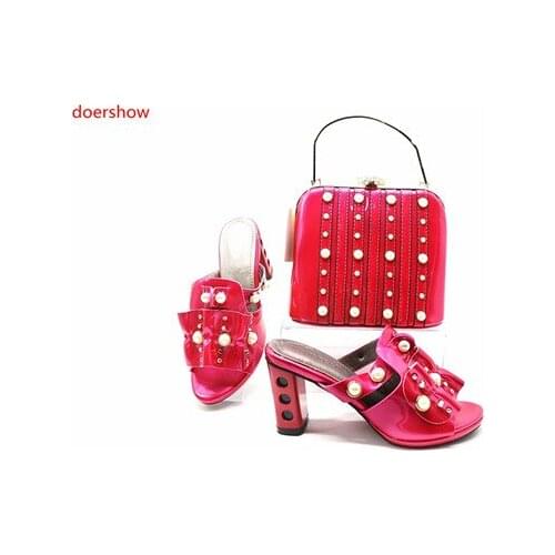 Doershow fashion lady Shoes And Bags Design With Rhinestones Fuchsia Italian Shoes With Matching Bags Set For Wedding SBR1-9
