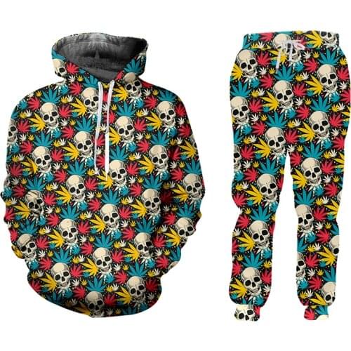 IFPD 3D Pants And Hoodie Mens Set Skull 3D Hip Hop Full Print Novelty Sweatshirt Jogger Pants Tracksuits Streetwear Sportswear