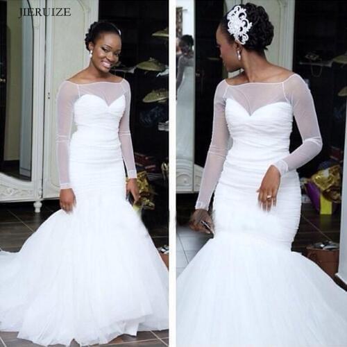 JIERUIZE White simple mermaid Wedding Dresses Long sleeves Lace Up Back Bride Dresses Wedding Gowns