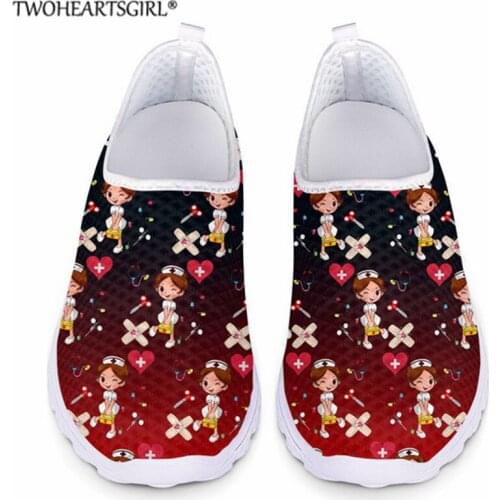 Twoheartsgirl Nurse Health 3D Pattern Flats Shoes Colorful Slip On Casual Female Nursing Shoe Summer Breathable Sneaker Zapatos