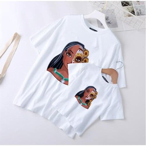 Summer Fashion New T Shirts Family Matching Clothes Disney Princess Pocahontas Cute Family Look Outfits Streetwear Tops