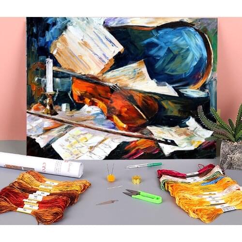 Oil Style Violin Printed Canvas 11CT Cross Stitch Embroidery Patterns DMC Threads Handicraft Knitting Promotions