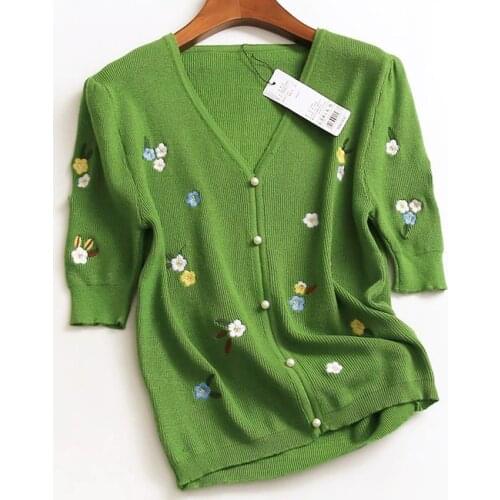 Sweet summer short sleeve embroidered knitted shirt women new beaded-breasted v-neck tops