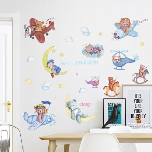 Cartoon Wall Sticker Moon Bear Airplane Childrens Room Decoration Nursery Mural Kindergarten Kids Bedroom Wallpaper Wall Decal