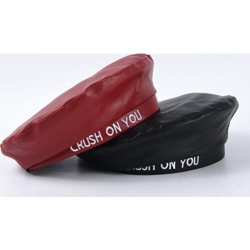 Autumn and Winter Newsboy British Beret PU Beret Female Retro Street Painter Hat Red Hat White Letters
