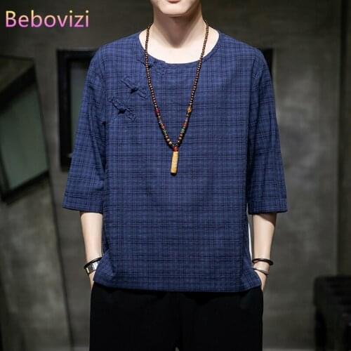 Plus Size M-5XL Blue Brown Lattice Cotton Linen Han Fu Summer Traditional Chinese Clothing Style Orient Tang Hanfu for Men Tops
