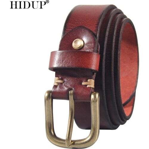 HIDUP Top Quality Solid Pure Cowhide Leather Belt Brass Pin Buckle Metal Belts for Men Retro Styles Jeans Accessories NWJ1018
