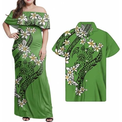 Hycool Green Plumeria Floral Print Chiffon Dress Beach Suit Couples Clothing Off Shoulder Dress Women Men Hawaiian Shirts