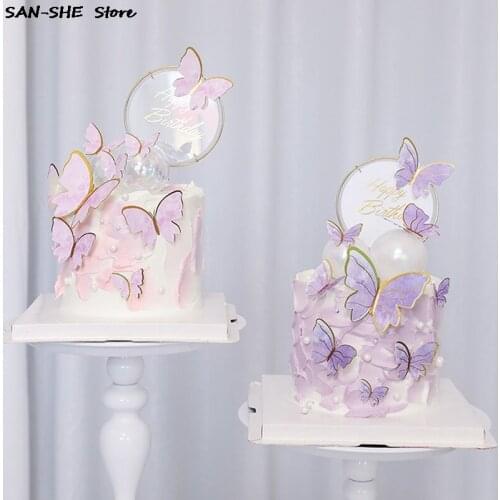 Purple Pink Butterfly Cake Decoration Happy Birthday Cake Topper Handmade Painted For Wedding Birthday Party Baby Shower