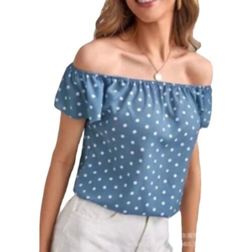 Summer Womens one word collar polka-dot printed T-shirt short-sleeved strapless chiffon Top pullover Halter loose sexy fresh