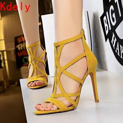 2021 Women Fetish Stripper Sandals Ankle Boots 11cm High Heels Lace Up Gladiator Gladiator Peep Toe Yellow Summer Blue Shoes
