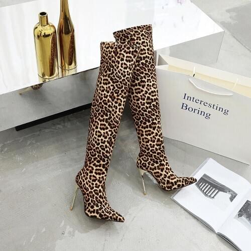 Women Over The Knee Boots Leopard Print 10cm High Heels Sock Boots Plus Size Long Pleaser Stiletto Winter 2021 luxury Party Shoe