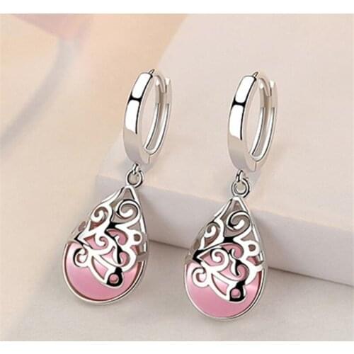 Cute Hollow Crystal Pink Water Drop Earrings Women Jewelry Top Grade 925 Sterling Silver Earrings Lady Party Accessories Gift