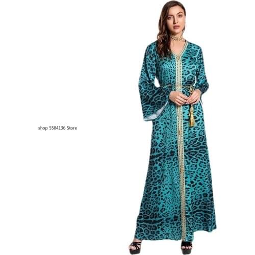 Fashion Leopard Print Satin Muslim Abaya Hijab Dress Jalabiya for Women Long Flare Sleeve Party Morrocco Kaftan Peacock Green