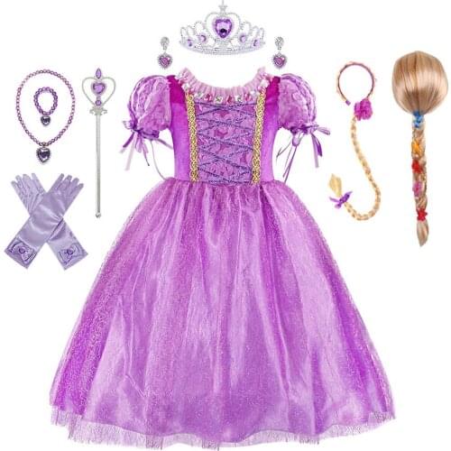 Girls Princess Tangled Dress Sequins Fancy Cosplay Costume For Kids Long Hair Luxury Ball Gown Halloween Birthday Party Vestido