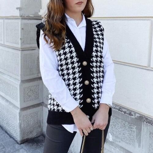 Ladies Houndstooth Vest Cardigans Black Sleeveless Sweater Women Loose Autumn Winter Knitted Casual Women Sweaters Jumper Female