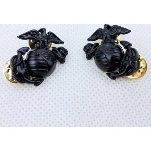 PAIR US USMC MARINE CORPS EMBLEM INSIGNIA COLLAR BADGE PIN BLACK