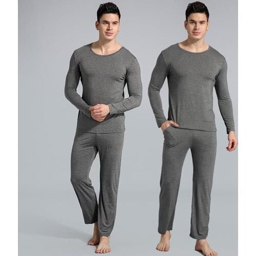 2021 Casual Sleepwear Solid Color O-Neck Long Sleeve T-shirt Soft Modal with Pocket Men Top Pants Loose Pajama Set for Home