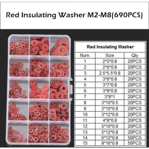 690Pcs/set M2 M2.5 M3 M4 M5 M6 M8 Flat Red Insulation Washers Red Paper Meson Gasket Spacer Insulating Spacers Kit HW050