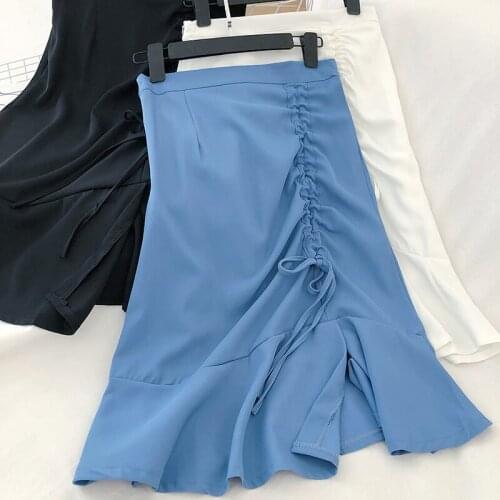 Irregular lace bowknot high waist chiffon midi skirt female 2021 new Korean version was thin solid color bag hip skirt