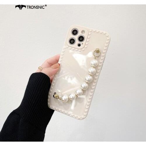 Pearls Chain Phone Case for iPhone 12 11 Pro Max XR Xs MAX Soft Luxury Shiny Love Hearts Beige Case for iPhone 6s 7 8 Plus Cover