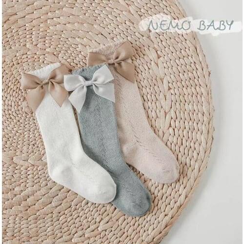 Summer stock thin general cotton spring solid color Brown bow stockings kids socks baby clothes