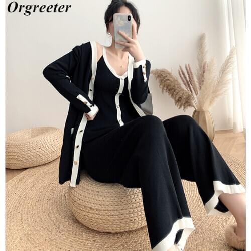 Elegant Women Work Two piece set Korean Knitted 3 Piece set Long Cardigan Coat + V-neck Single-breasted Vest +High Waist Pants