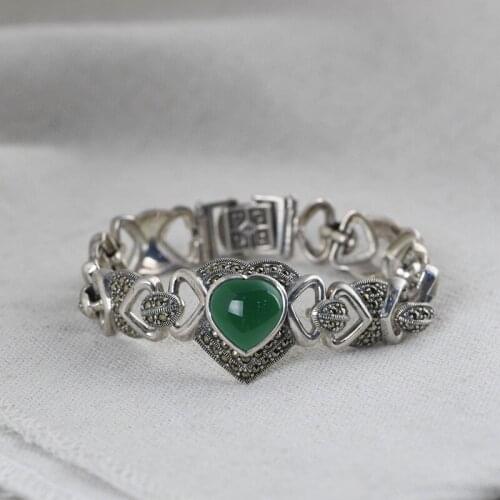 FNJ MARCASITE Bracelet 925 Silver Vintage Original Pure S925 Silver Bracelets for Women Jewelry Big Heart Agate length 18cm