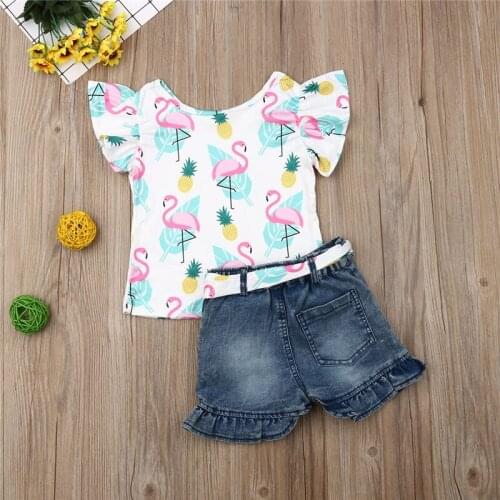New Summer Baby Girls Floral Tops Sleeveless Cartoon Ruffles T-shirt Denim Pants Shorts Kids Cute Set Newborn Outfits