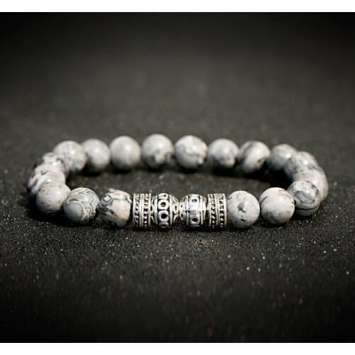 Classic Trendy Round Gray Stone Beads Bracelet Homme Vintage Handmade Women Elastic Bracelets Pulseras