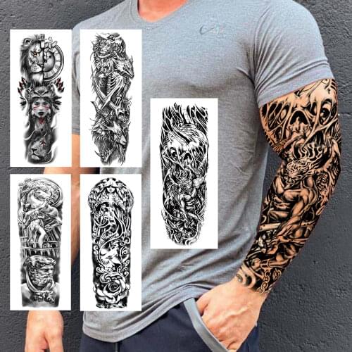 Cool Skeleton Temporary Tattoo Sleeve For Men Adult Compass Indian Lion Rose Nun Fake Tatoo Waterproof Full Arm Tattoo Sticker