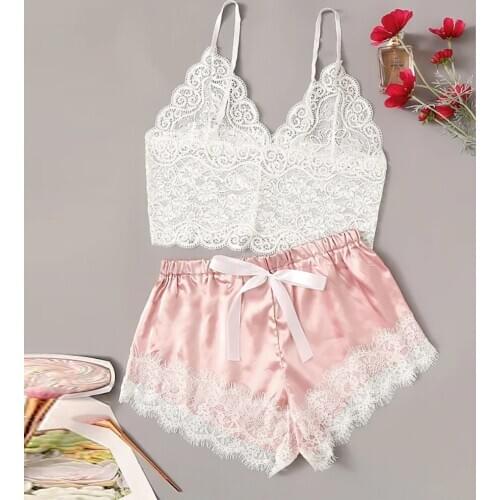 Cute Sexy Womens Lingerie White Lace Ladies Bra Set Soft Breathable Sleepwear Nightwear Tops+Briefs Pajama Set Sleepwear Women