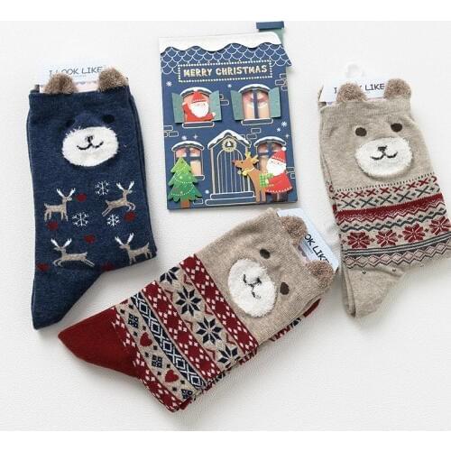 "I Look Like " Lovely Women Christmas Bear Socks Long-staple Cotton Women Sock Creative Calcetine Winter Autumn Style 10666