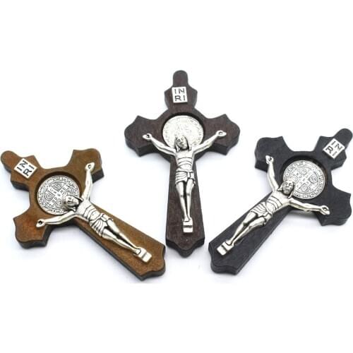 Wholesale Retro Wood and Alloy Combination Cross Ornaments Suitable for Necklace DIY Jewelry Handmade Jesus Religious Charm Gift