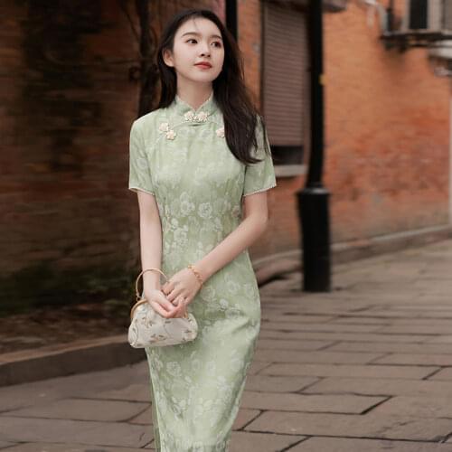 Chinese Dress Cheongsam Sweet Women Slim Green Vintage Traditional Qipao Young Orientale Elegant Chinese Style improved Vestido