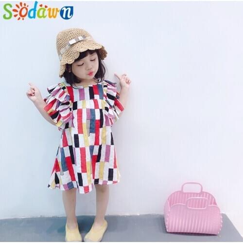 Sodawn Children Summer Clothing Multicolor Striped Splice Baby Girls Ruffles Sleeve Toddlers Kids Cute Dresses 3-7Y