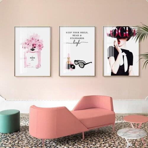 3 Pieces Modern Fashion Woman Poster Perfume Canvas Art Painting Pink Flower Wall Prints Vogue Picture Girl Room Decoration