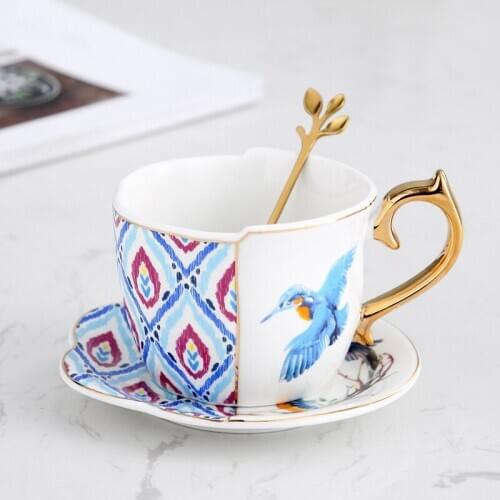 Special-shaped ceramic cup European pastoral style coffee cup and saucer English black tea cup set flower tea cup with spoon