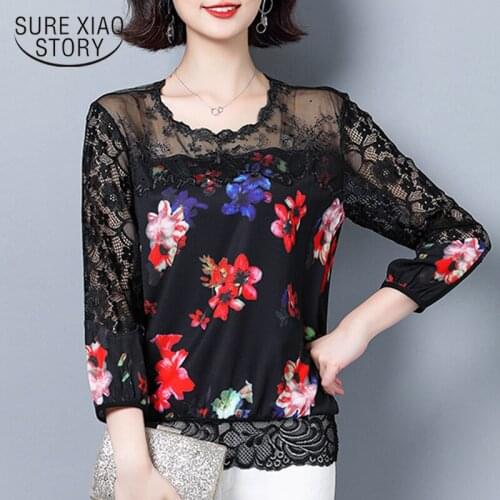Fashion 2021 Spring New Long Sleeve Chiffon Print Hollow Lace Sexy Women Tops and Blouses Black Ladies Tops Female 8150 50