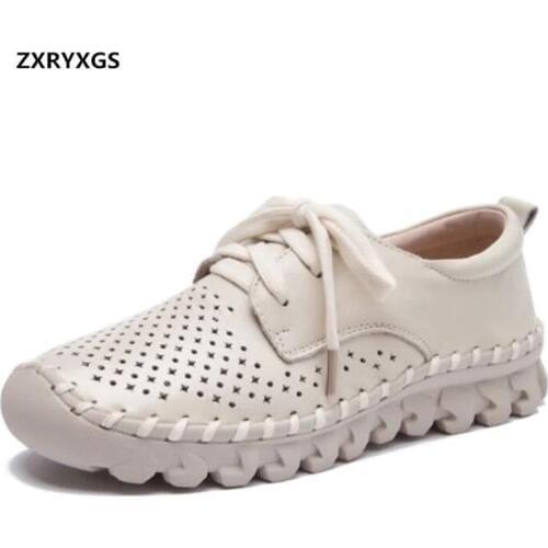 2020 New Spring Summer Hole Full Genuine Leather Shoes Women Sandals Flats Fashion Hand-made Women Sneakers Casual Flat Shoes