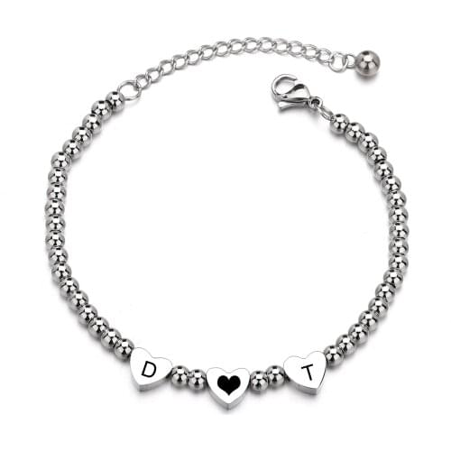 Engrave Letter Custom Heart Pendent Personalized Stainless Steel Women Bracelets Aadjustable Silver Beads Bangles Jewelry Gifts