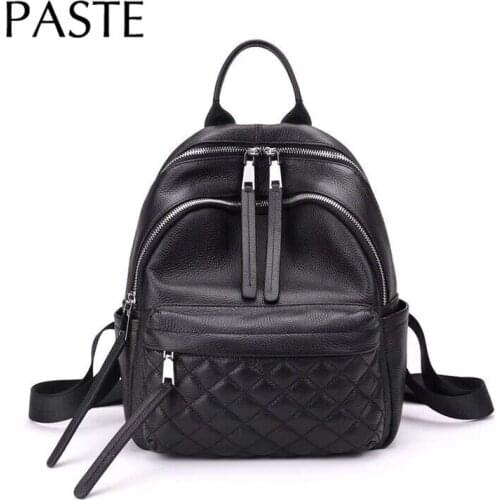 2019 Korean Plaid Design Womens Backpack 100% Natural Leather Female Bagpack Soft Black Preppy Girl School Bag Daypack