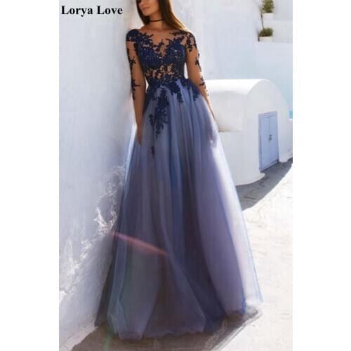 Blue Scoop Neck Tulle Long Maxi Prom Dresses Formal Party Robe De Soiree Long Sleeves Hollow Out Appliques Vestido Evening Gowns