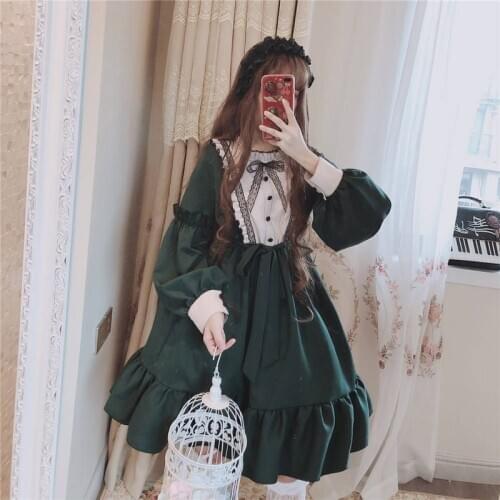 Women Japanese Anime Lolita Dress Girls Student Princess Op Kawaii Long Sleeve Ruffle Dresses Sweet Lace Party Cosplay Costume