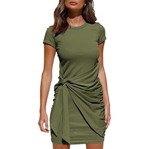 2021 New Dress Short-sleeved Round Neck Pleated Bowknot Belt Irregular Cotton Self-cultivation Home Casual Mid-length Dress 2021