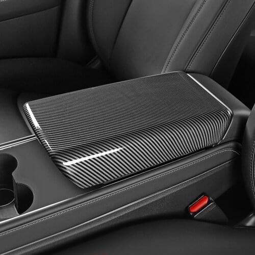 Car Styling ABS Carbon Fiber Interior Center Armrest Box Cover Trim for Tesla Model Y 2020 2021 / Model 3 2017-2021