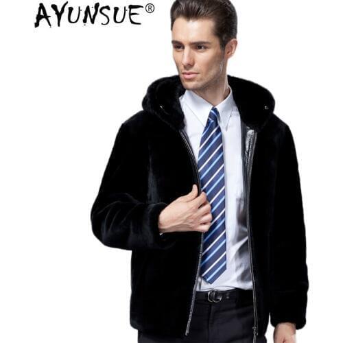AYUNSUE Real Fur Coat Sheep Shearling Natural Wool Fur Coat Autumn Winter Jacket Men Mink Fur Collar Hooded Jacket S14D315 KJ863