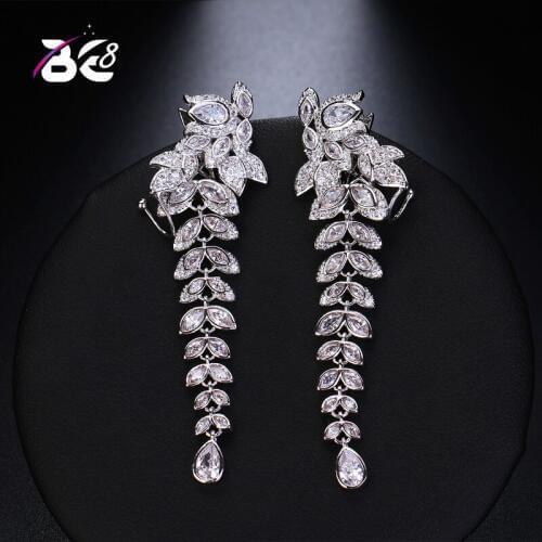 Be 8 2018 Luxury New Long Dangle Earrings Leaf Shape Water Drop AAA+ CZ for Women Fashion Bride Earrings Brincos E517