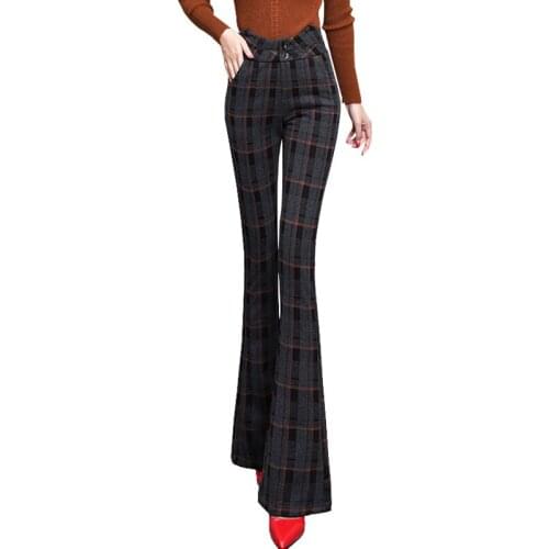 Winter 2021 Trousers Women New Woolen Wide-leg pants Lady Autumn Thick Casual Flared Pant Street High Waist Plaid Trouser OK1056