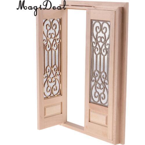 MagiDeal 1/12 Scale Dollhouse Miniature Wood External Hollow Screen Double Door Unpainted Furniture for Dolls House Accessory